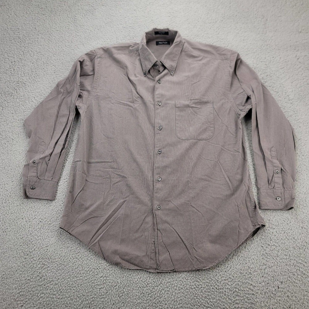 Nautica Shirt Mens Large Brown Striped Button Down Long Sleeve Pocket